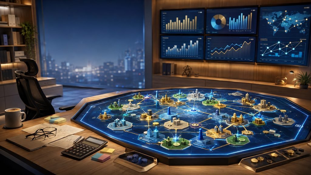 Le Bureau des Crises : salle de pilotage nocturne, plateau hexagonal de scénarios de risque relié par des lignes lumineuses, écrans de tableaux de bord financiers en arrière-plan