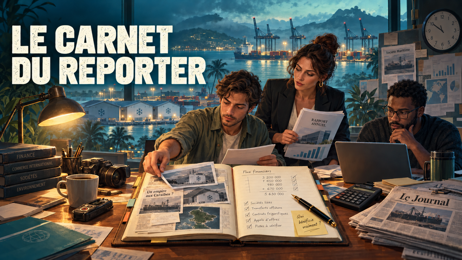 Le Carnet du Reporter : rédaction face à un port tropical, journalistes examinant un rapport annuel et un carnet de flux financiers.